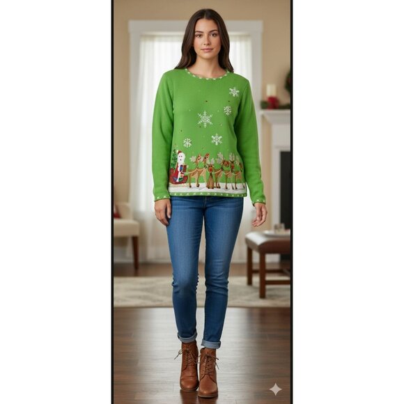 Quacker Factory Green Cute Ugly Christmas Sweater S Snowman & Reindeer - Picture 1 of 12